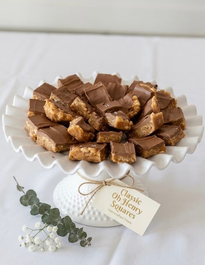 Classic O'Henry bars arranged on a white cake stand