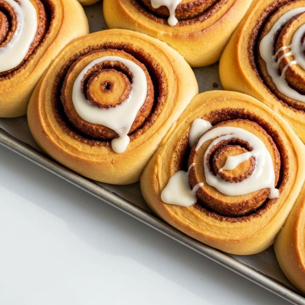 Freshly baked Baker Haven cinnamon rolls with icing