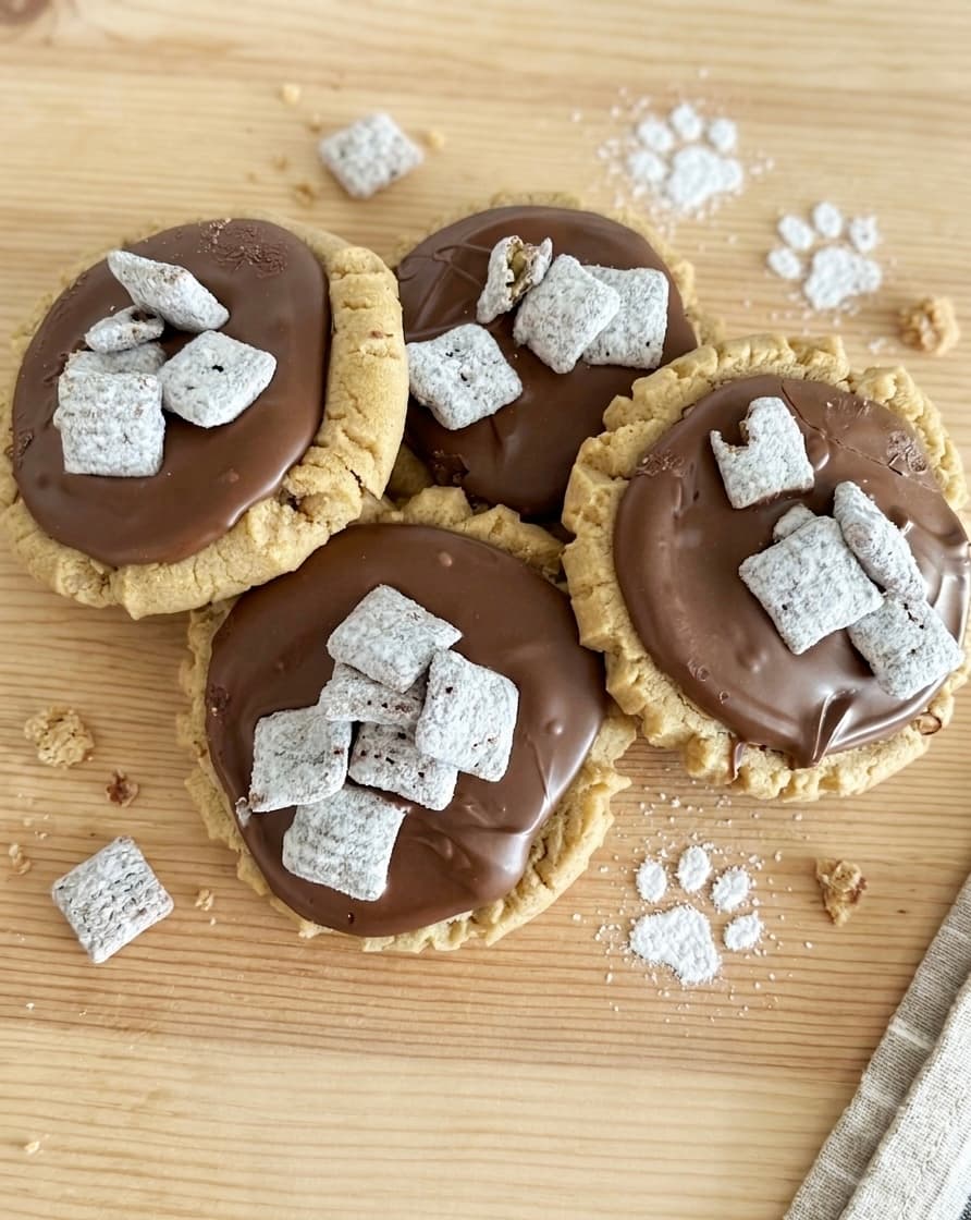 Chocolate-dipped muddy buddy cookies topped with powdered sugar Chex pieces