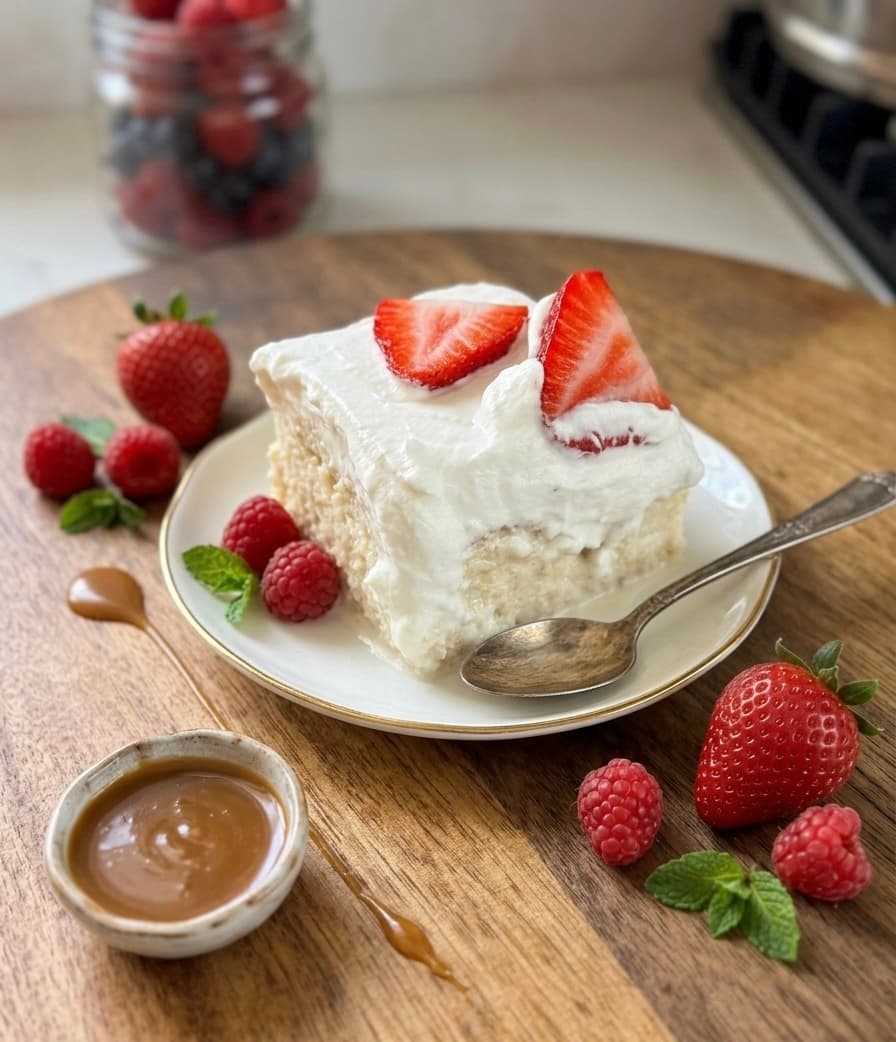 Tres leches sheet cake topped with whipped cream and sliced strawberries