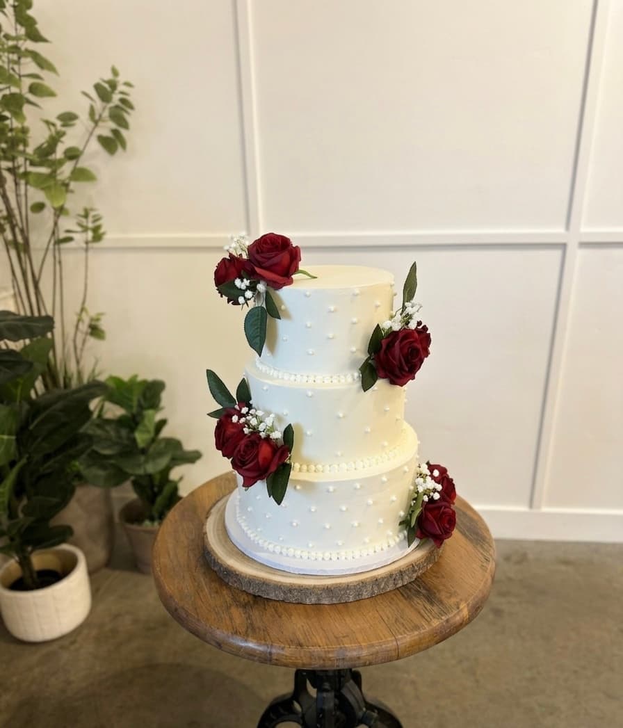 Three-tier white wedding cake with red roses